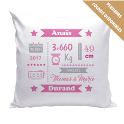 Coussin de naissance personnalisé fille – prénom, date, poids et taille