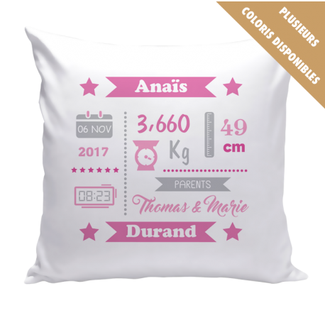 Coussin de naissance personnalisé fille – prénom, date, poids et taille