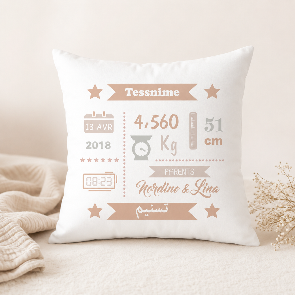 Coussin naissance personnalisé fille – 40 × 40 cm
