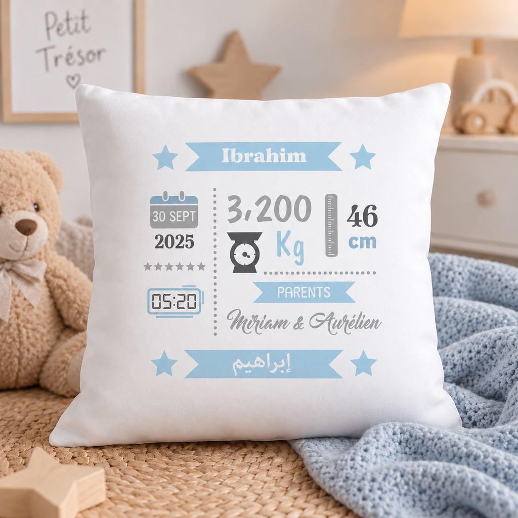 Coussin naissance personnalisé garçon – 40 × 40 cm