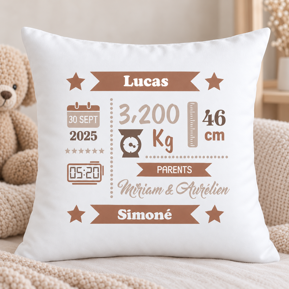 Coussin naissance personnalisé garçon – 40 × 40 cm