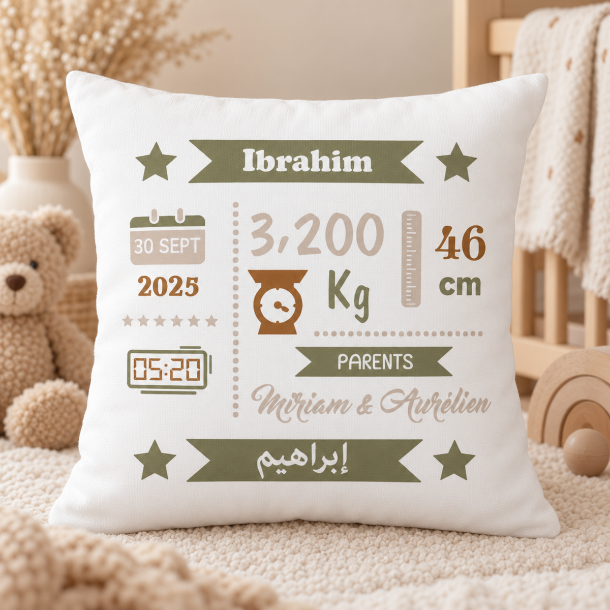 Coussin naissance personnalisé garçon – 40 × 40 cm