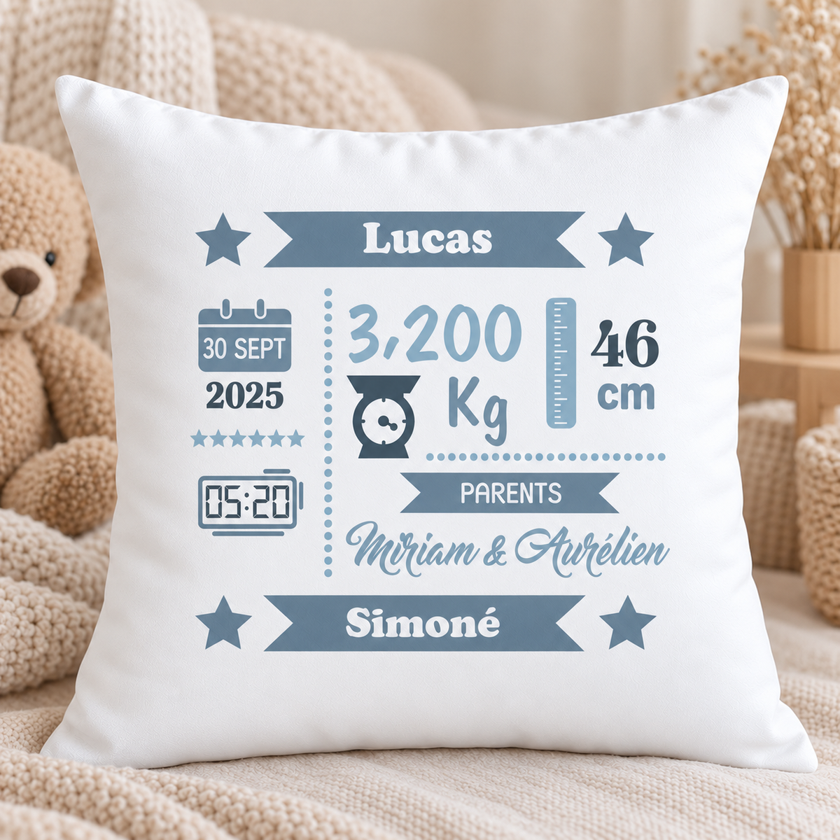 Coussin naissance personnalisé garçon – 40 × 40 cm