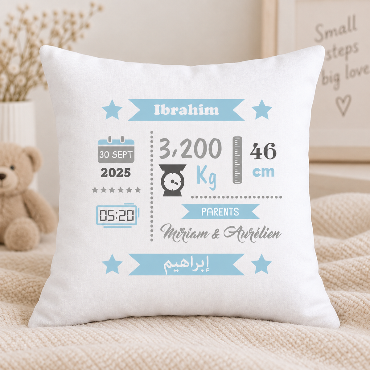 Coussin naissance personnalisé garçon – 40 × 40 cm