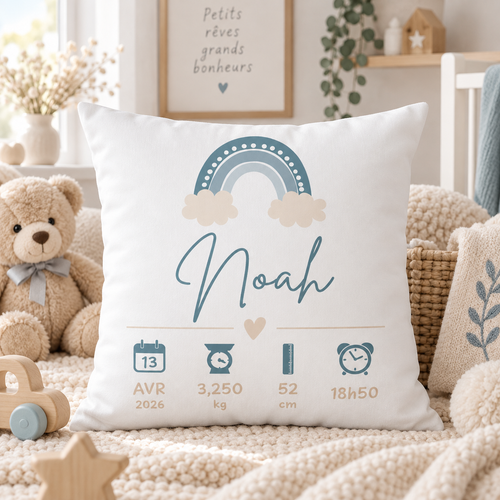 Coussin de naissance personnalisé garçon arc-en-ciel LM Déco avec prénom, date, poids, taille et heure de naissance