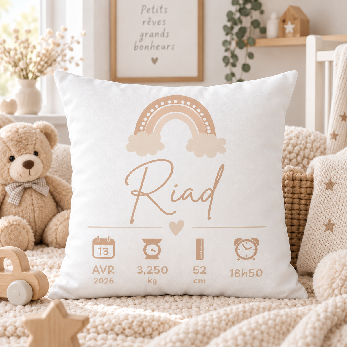 Coussin de naissance personnalisé garçon dans une chambre bébé douce et lumineuse, ambiance scandinave