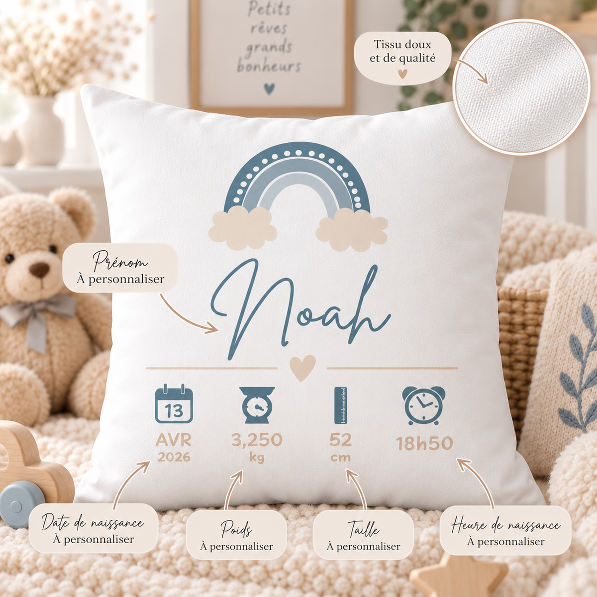 Zoom sur la personnalisation du coussin de naissance garçon avec prénom, date, poids, taille et heure.