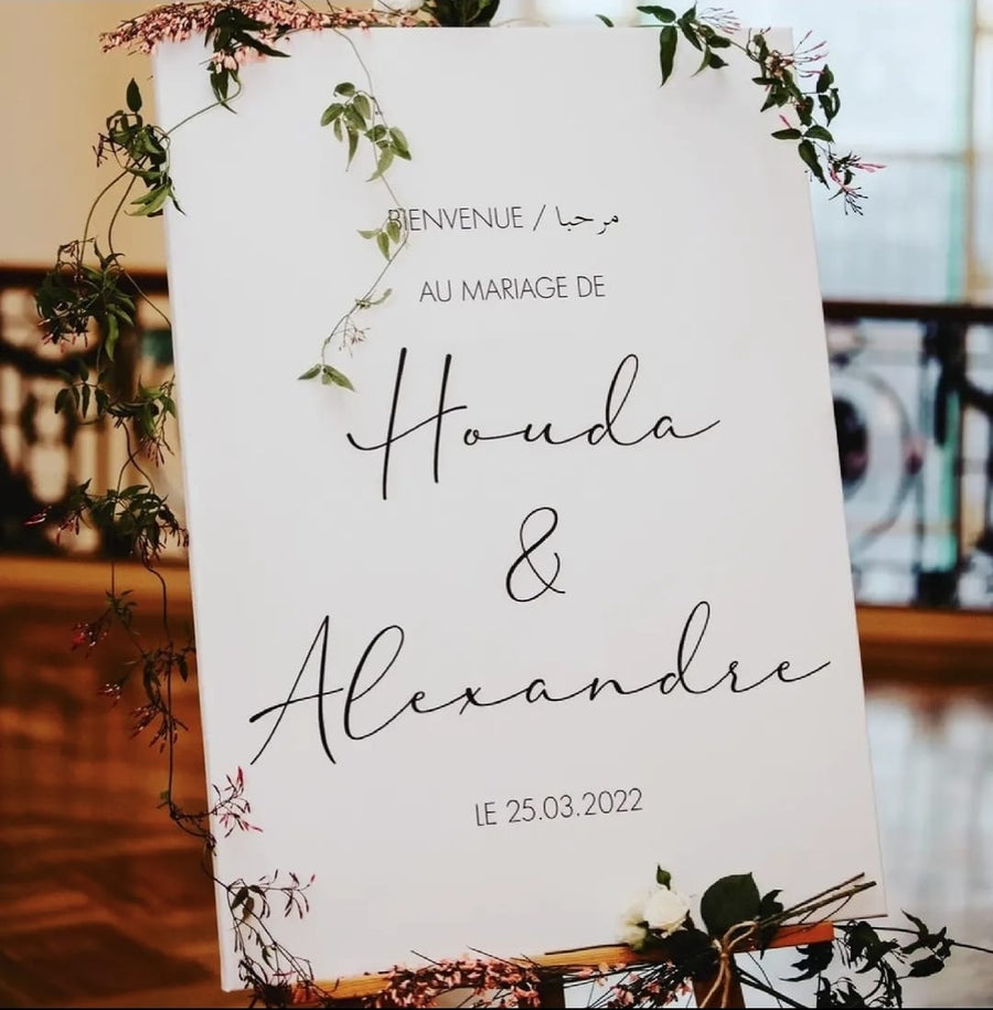 Panneau de bienvenue personnalisé pour mariage avec prénoms des mariés