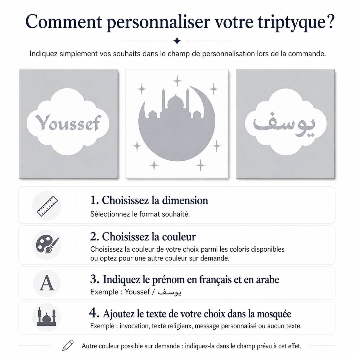 Triptyque personnalisé garçon – prénom en français & arabe