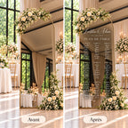 Avant et après la pose des stickers blancs d'un plan de table personnalisé sur miroir de mariage.