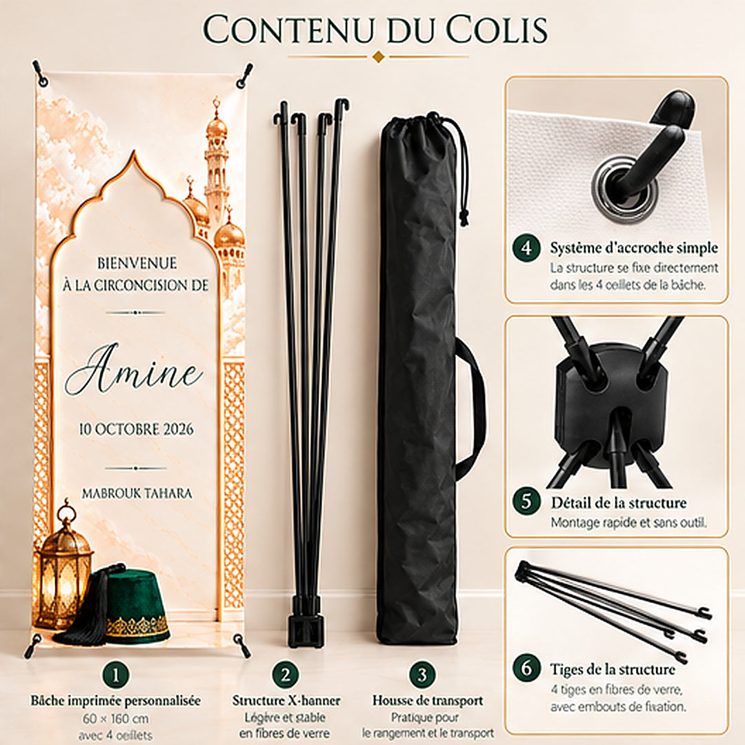 Contenu du colis X-banner Tahara, bâche 60 × 160 cm, structure, œillets et housse