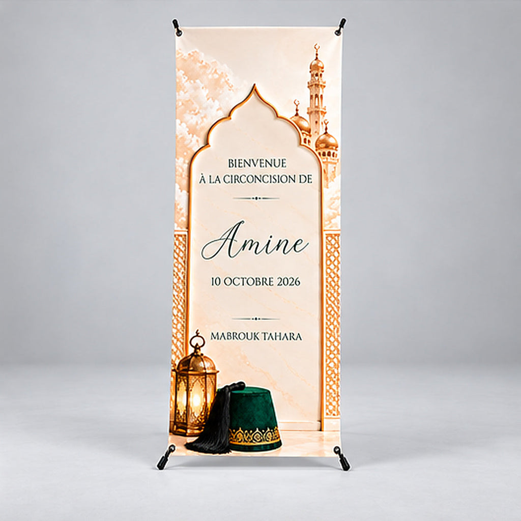 X-banner circoncision Tahara vue de face, décor arche et mosquée, prénom Amine