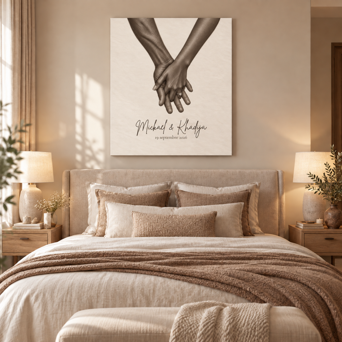 Tableau couple personnalisé mains enlacées accroché dans une chambre parentale