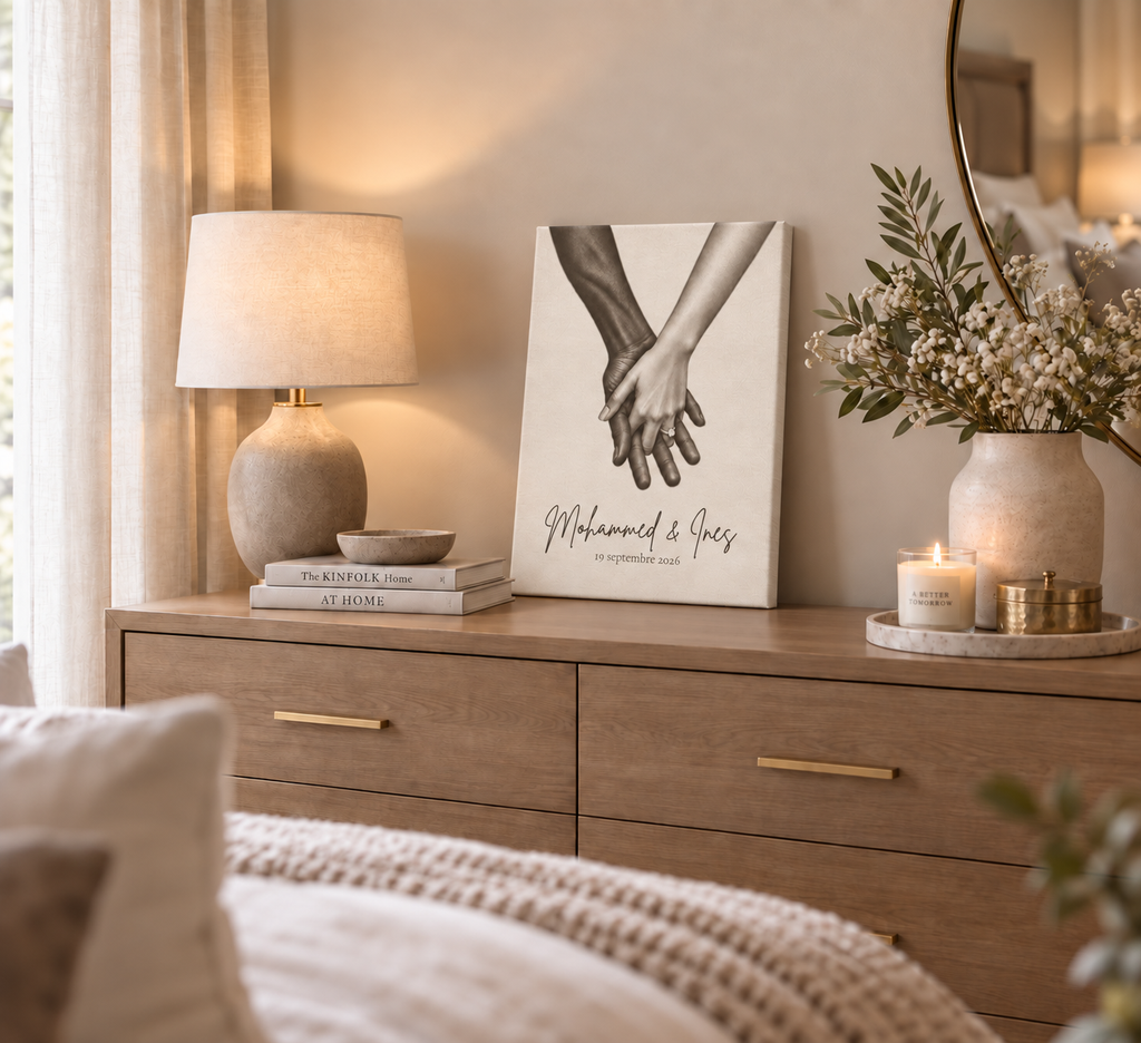 Tableau couple personnalisé posé sur une commode dans une chambre chaleureuse