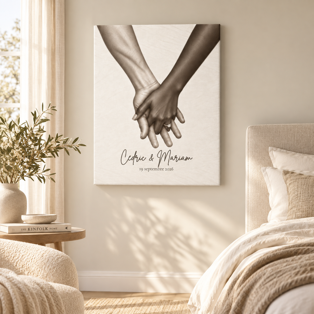 Tableau couple personnalisé mains enlacées dans une chambre aux tons beige et crème