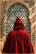 Tableau marocain L’Écarlate – djellaba rouge et zellige