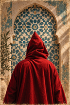 Tableau marocain L’Écarlate – djellaba rouge et zellige