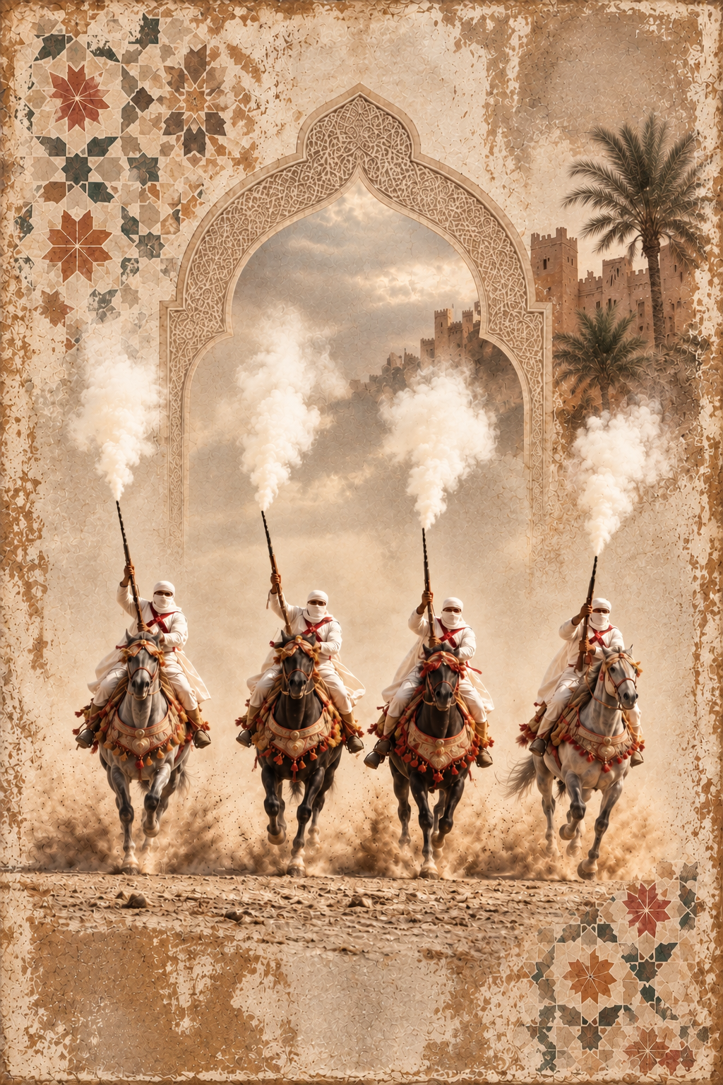 Tableau Fantasia – cavaliers marocains et motifs zellige