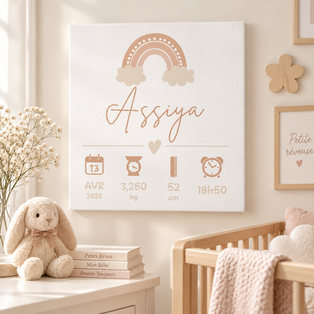 Tableau de naissance personnalisé fille arc-en-ciel dans une chambre bébé douce et lumineuse