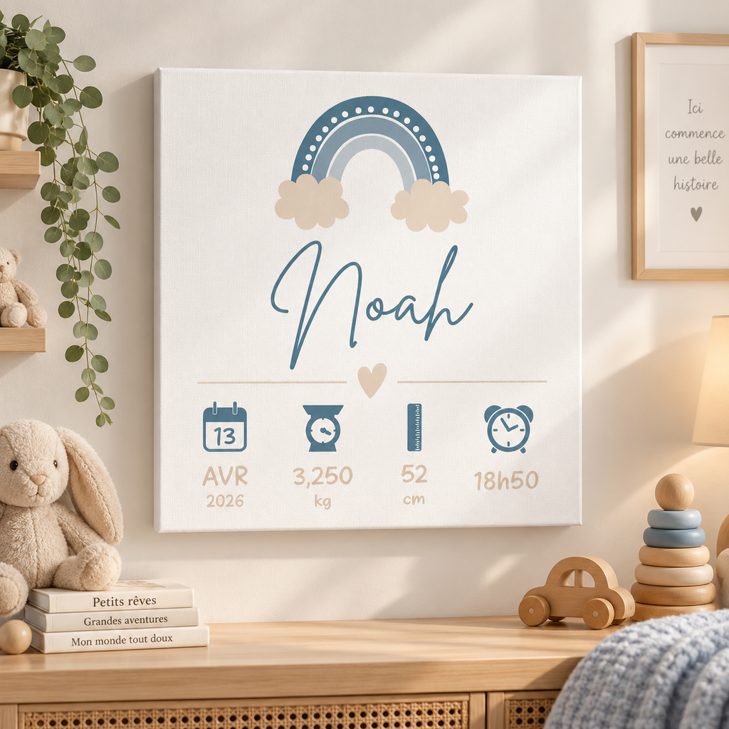 Tableau de naissance personnalisé garçon arc-en-ciel bleu grisé dans une chambre bébé