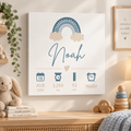 Tableau de naissance personnalisé garçon arc-en-ciel bleu grisé dans une chambre bébé
