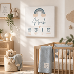 Tableau de naissance personnalisé garçon dans une chambre bébé douce et lumineuse